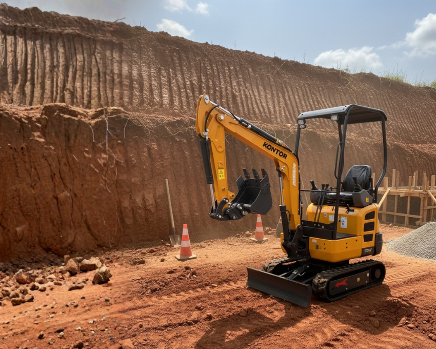 Mini Escavadeira Kontor operando em obra de terraplanagem